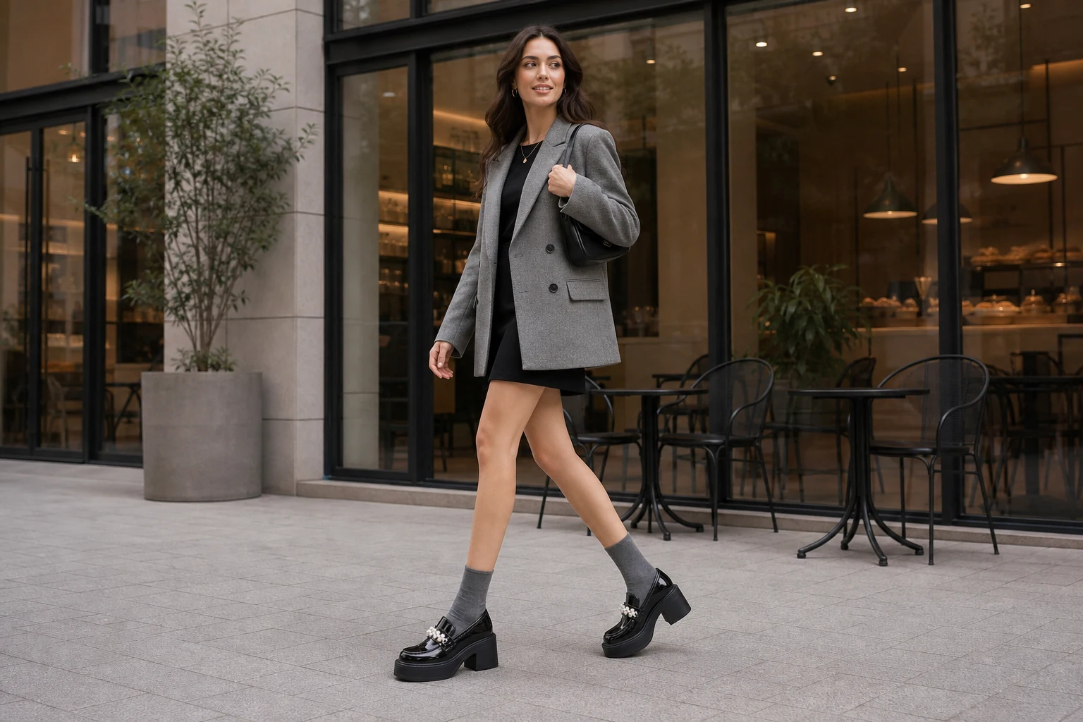 Scène de présentation de produits lifestyle pour mocassins épais et brillants