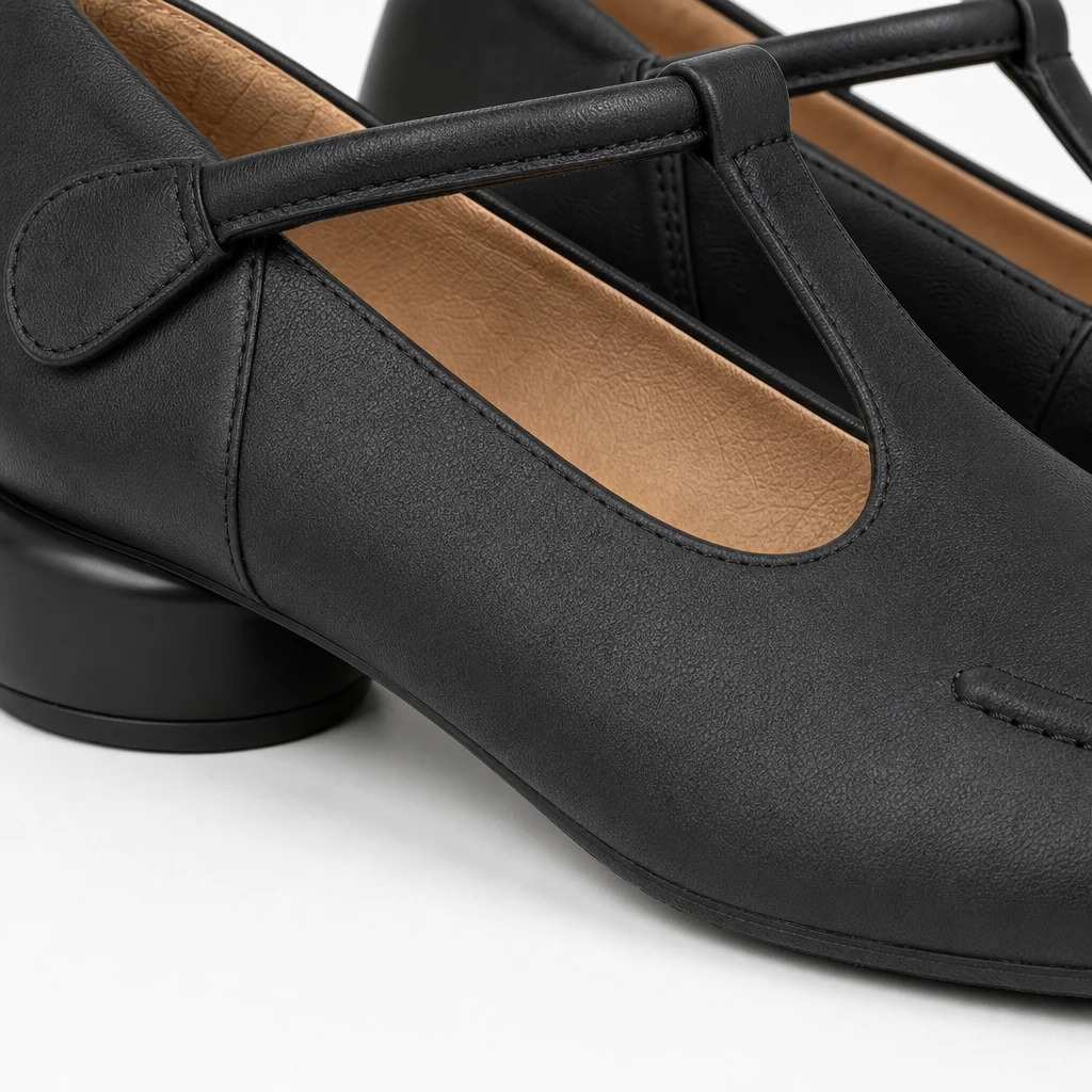 Close-up detail of the Mary Jane shoe material and strap construction