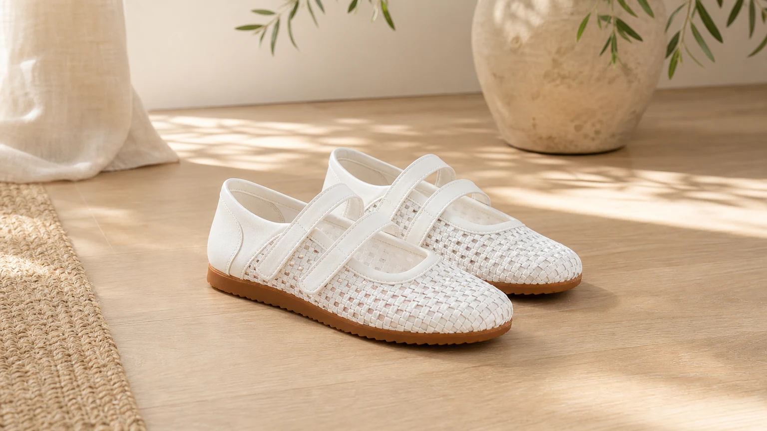 Ballerine Mary Jane da donna in tessuto intrecciato, presentate in una scena di lifestyle orizzontale.
