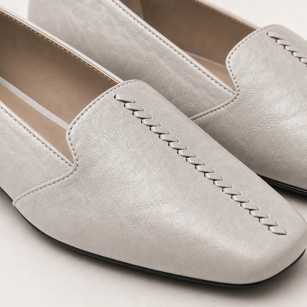 Gros plan sur les ballerines montrant la texture de la tige et les détails de couture de l'empeigne.