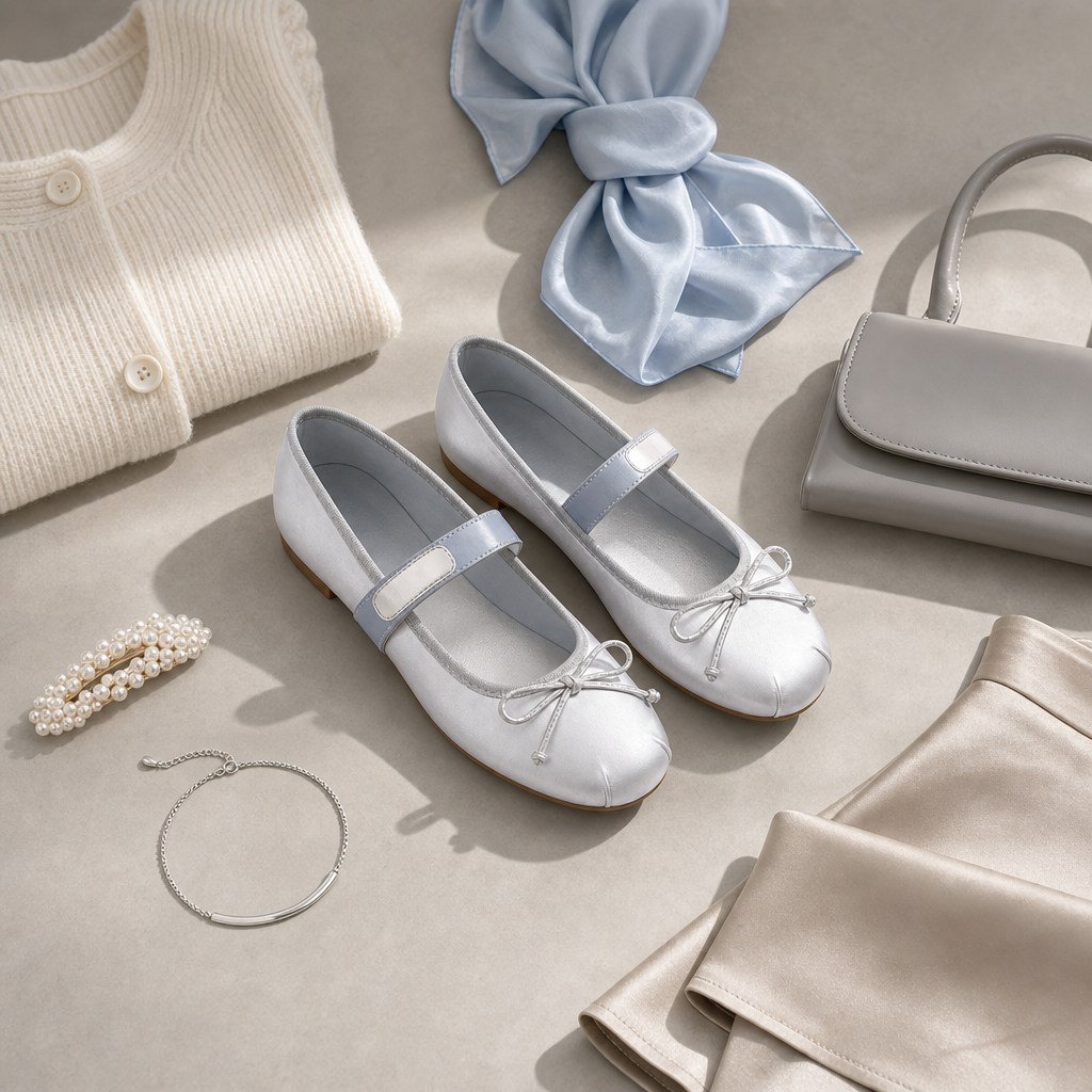 Zilveren Mary Jane ballerina's in een gestileerde accessoire flatlay.