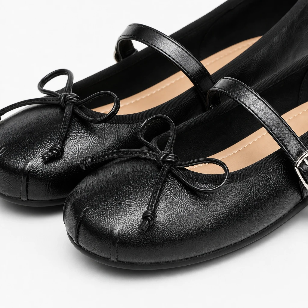 Close-up detail of the ballet flat upper and trim