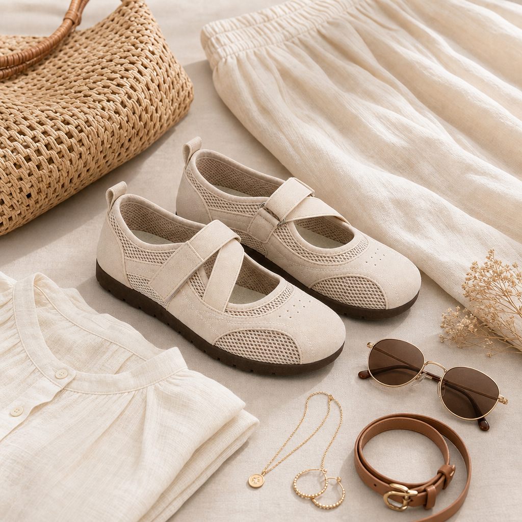 Beige ballerina's gecombineerd met kleding en accessoires.