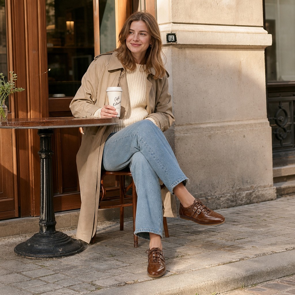 Café lifestyle-afbeelding met model dat bruine flats draagt