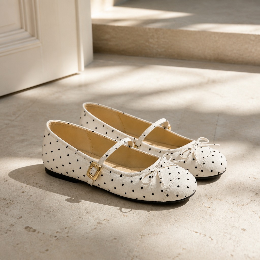 Crèmekleurige Mary Jane ballerina's geplaatst in een sfeervol interieur.