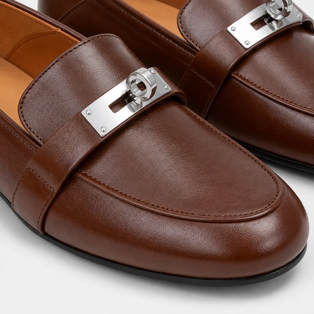 Gros plan sur le dessus poli du mocassin, les coutures et les détails de la boucle