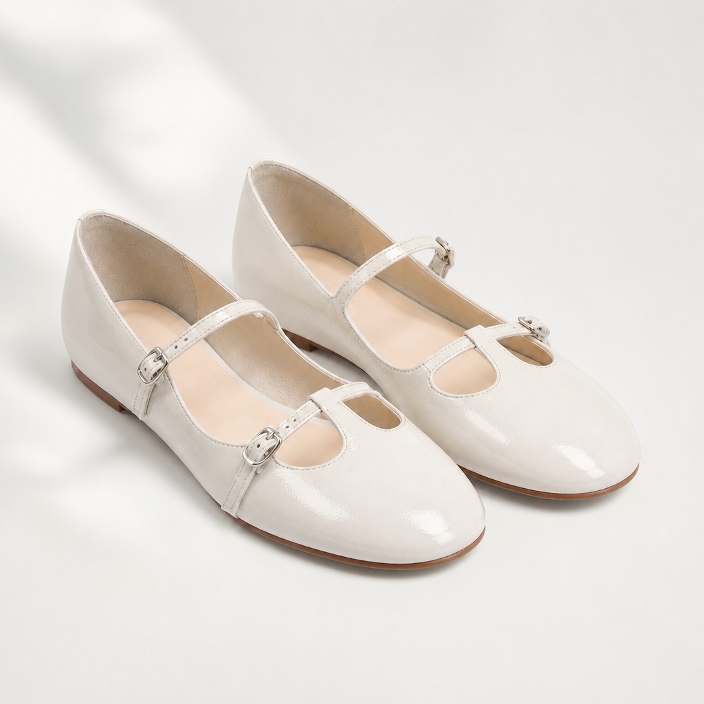 Witte, gepolijste Mary Jane platte schoenen