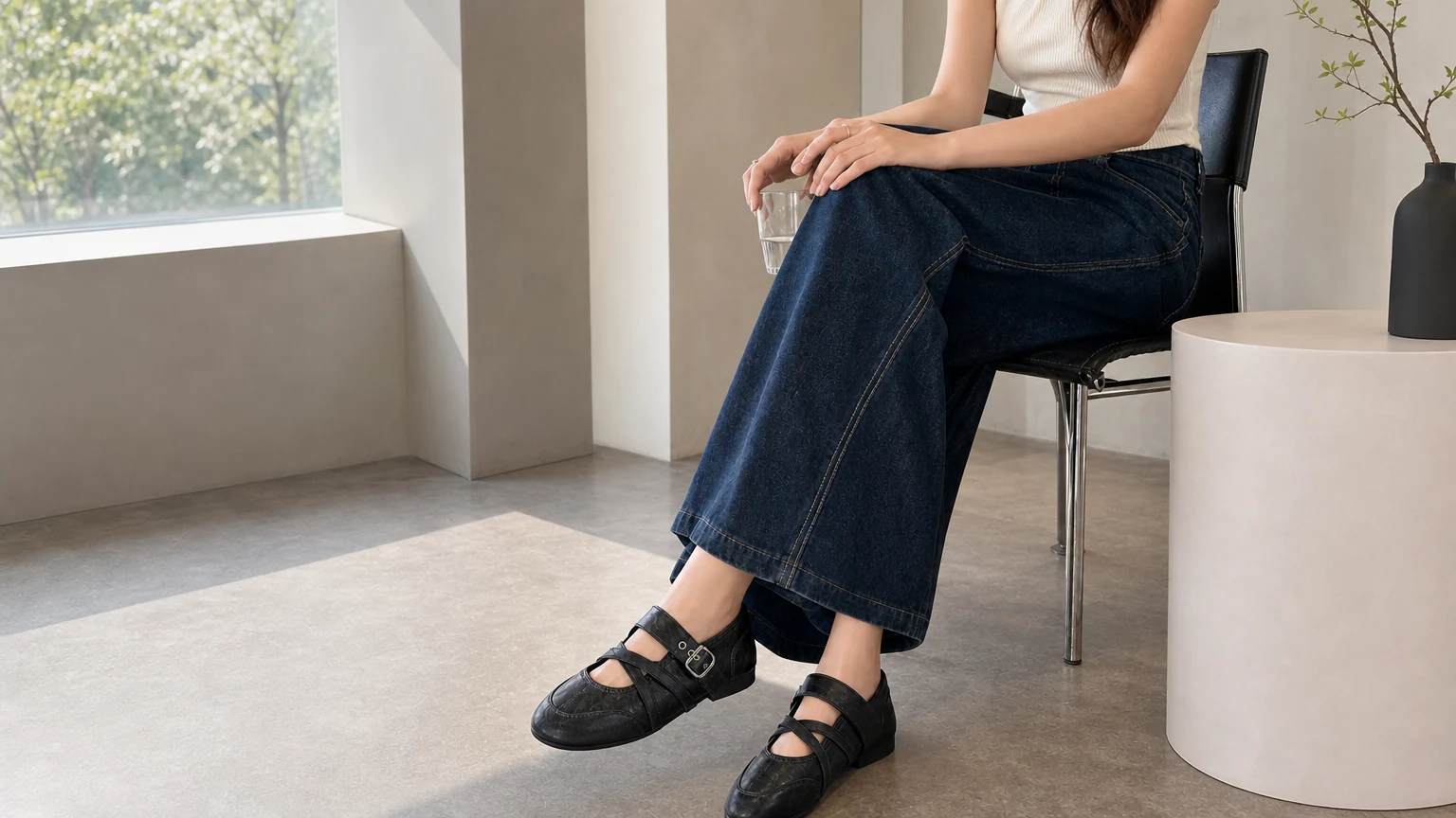Round toe lightweight commuting flats styled in a horizontal lifestyle scene
