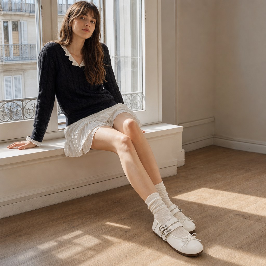 Off-white Mary Jane ballerina's gedragen met een lichte outfit