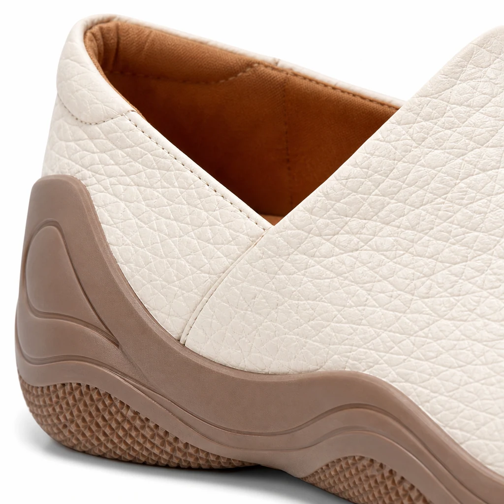Lähikuva yksityiskohta slip-on kengän materiaalista ja rakenteesta
