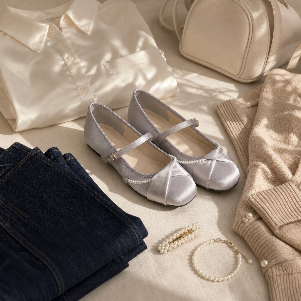 Silberne Ballerinas, kombiniert mit Accessoires