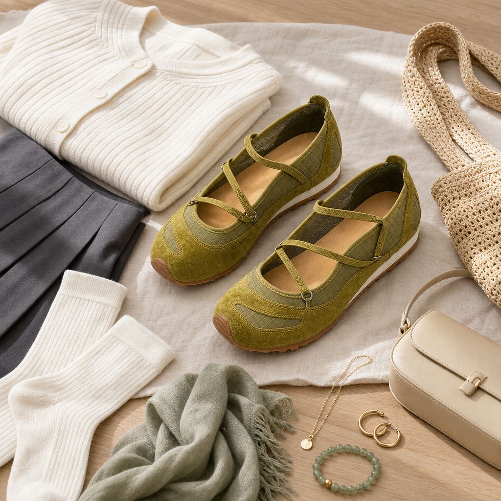 Groene Mary Jane ballerina's met kleding en casual stylingitems