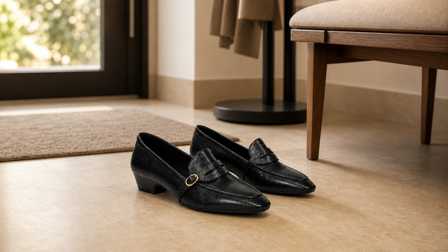 Refined slip-on low heel dress loafers styled in a horizontal lifestyle scene