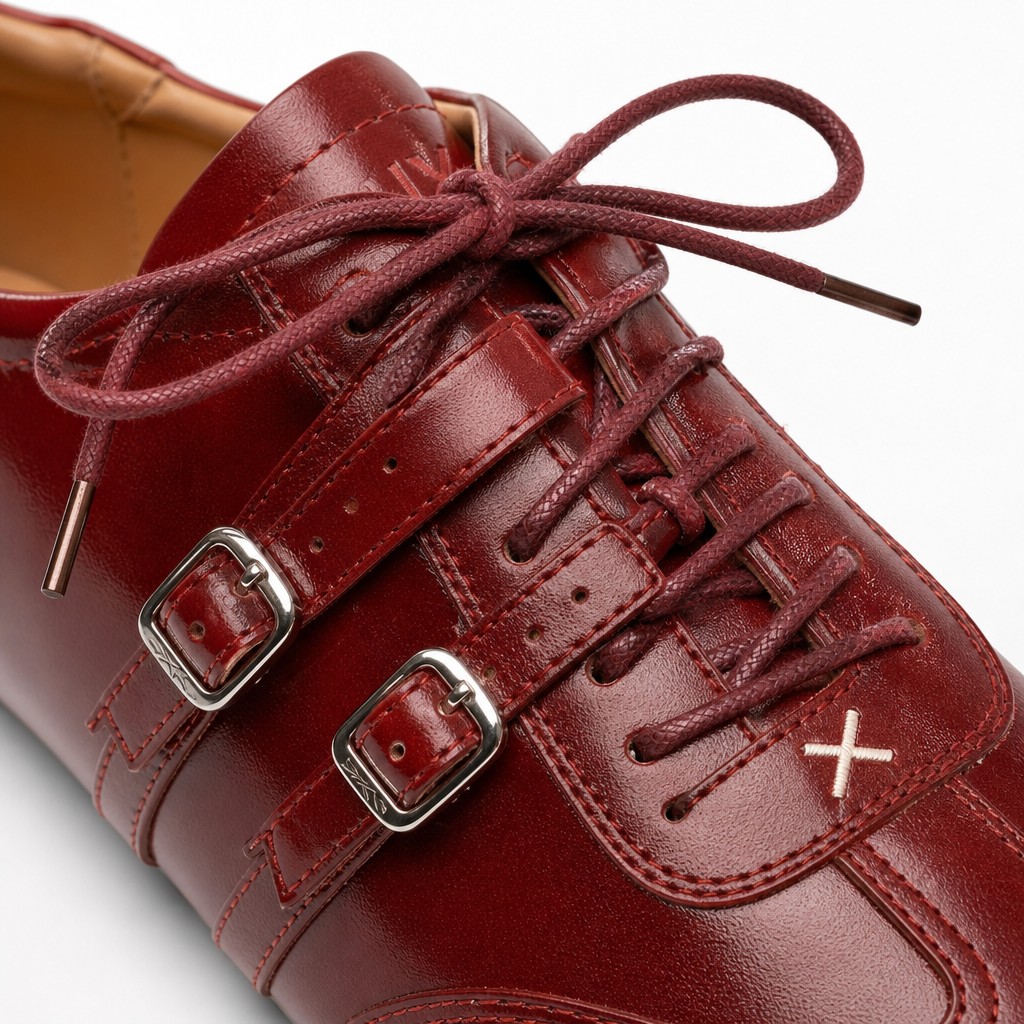 Close-up van rode Oxford platte veters, gespen, perforaties en gelaagde bandjes