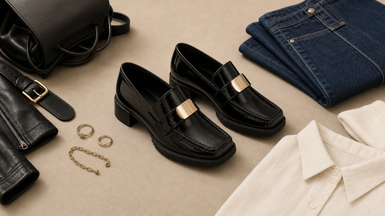 Mocassins élégants à semelle crantée noire, dans un style décontracté chic.
