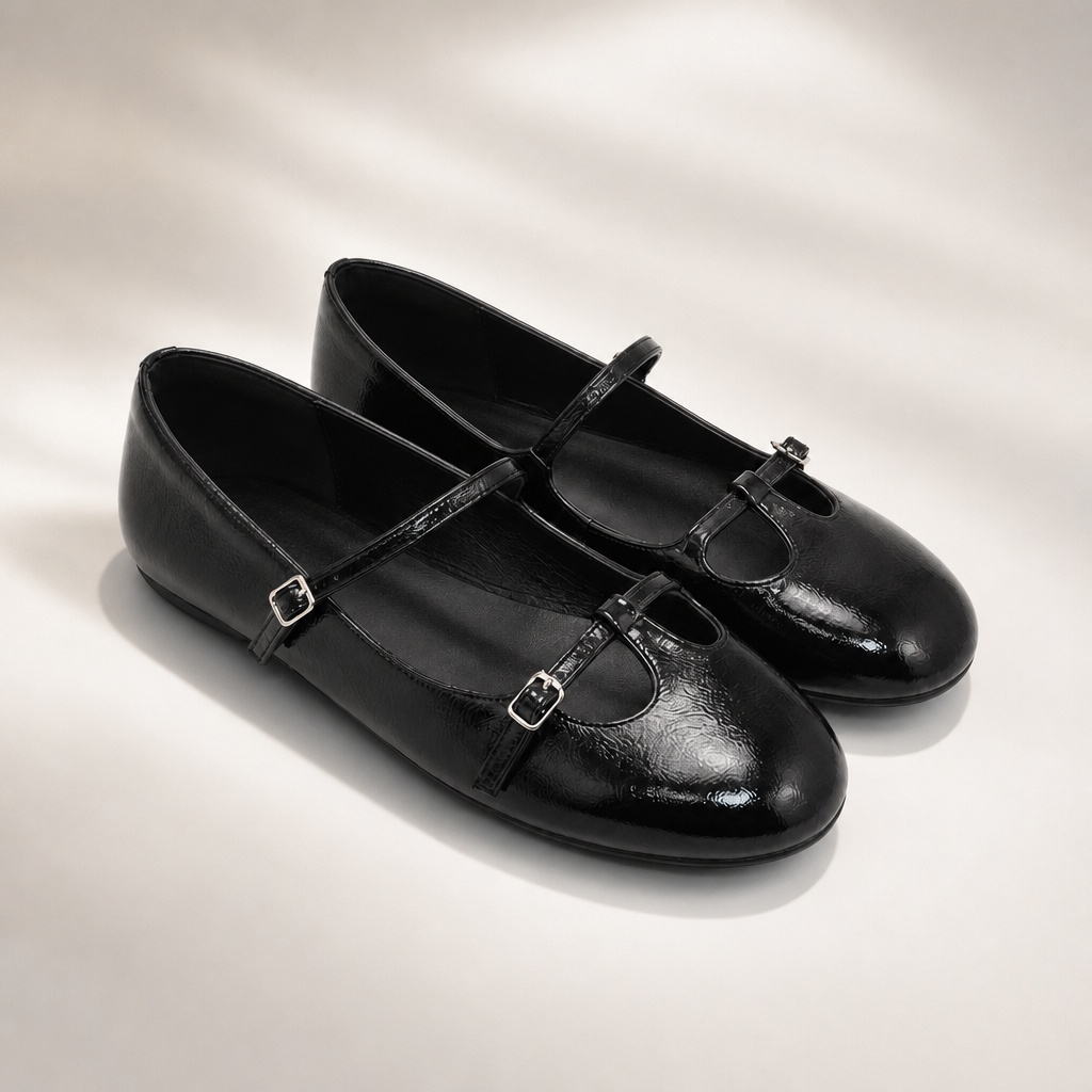 Zwarte, gepolijste Mary Jane platte schoenen