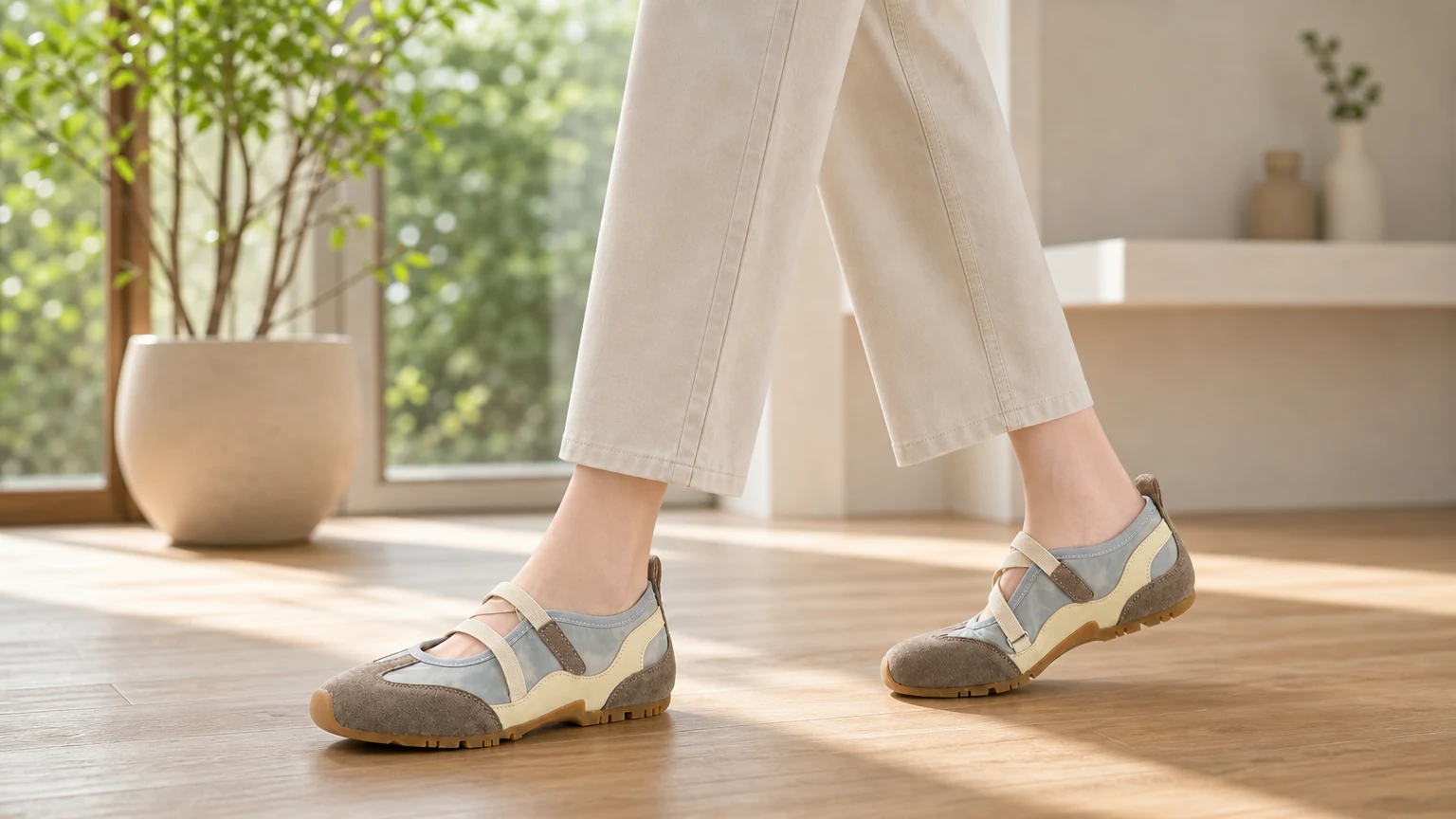 Mary Jane schoenen met gekruiste bandjes en kussentjes, gedragen in een lifestyle scène.