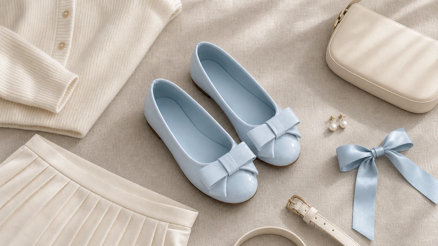 Glanzende ballerina's met strik, gestyled in een horizontale scène.
