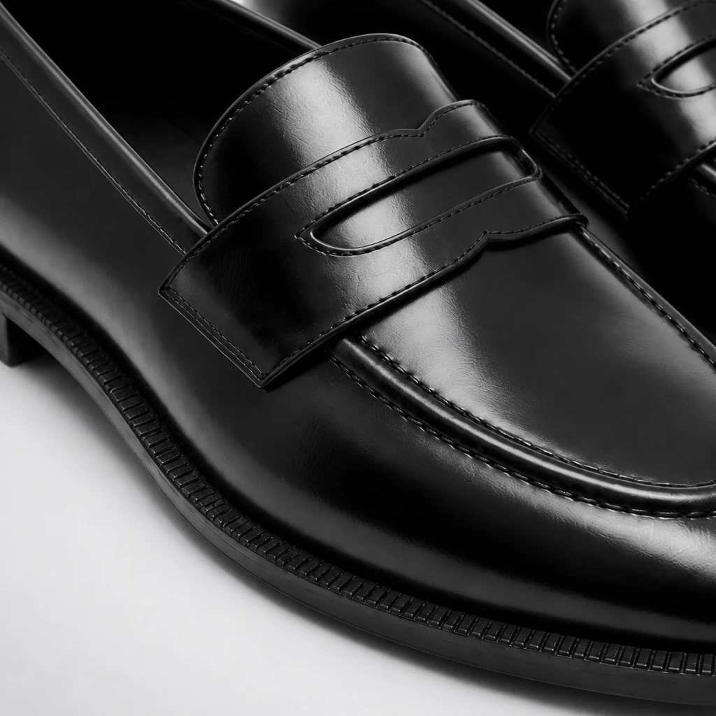 Close-up detail of the polished black loafer upper and metal accent