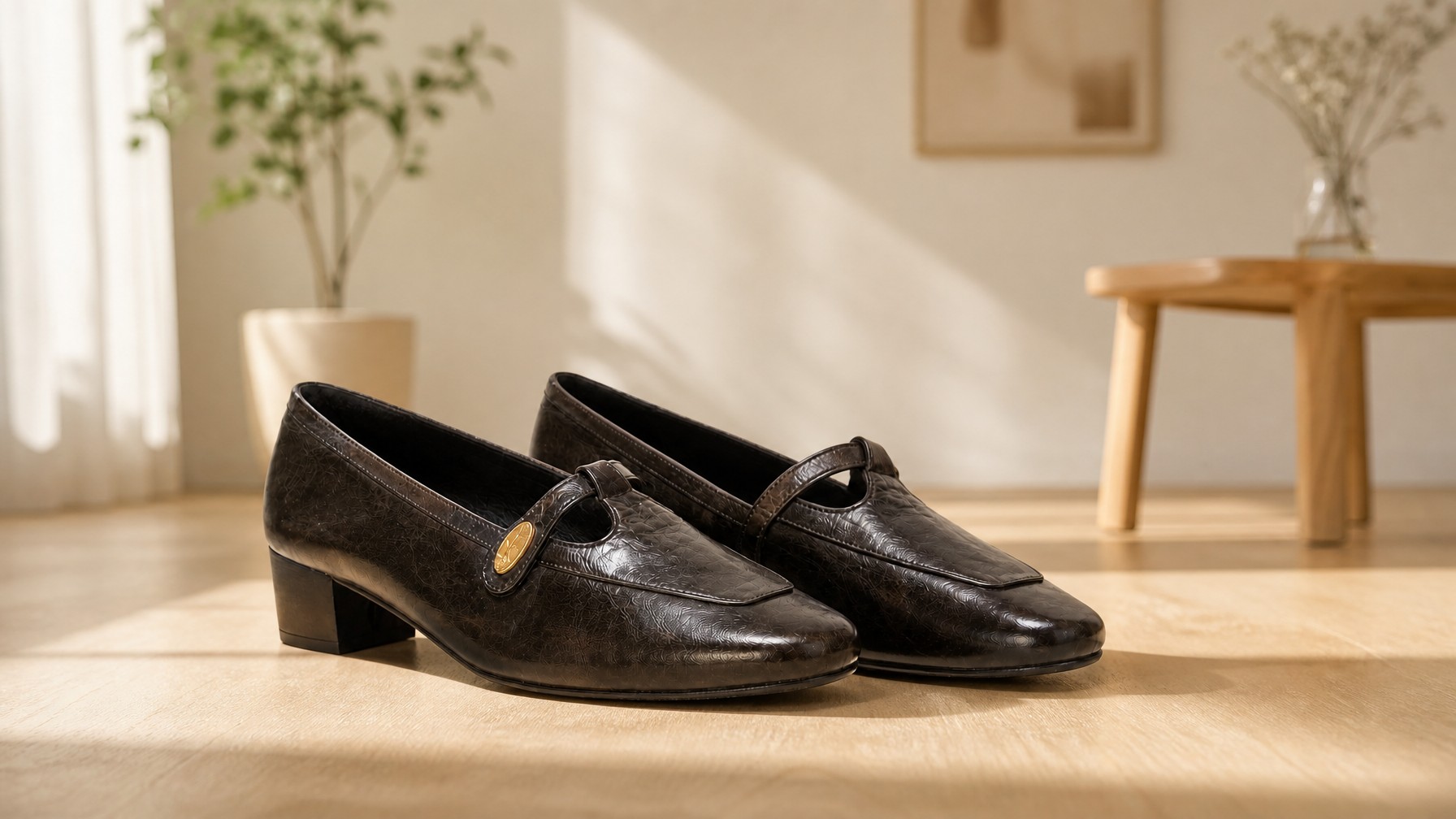 Classic buckle strap stable heel pumps styled in a horizontal lifestyle scene