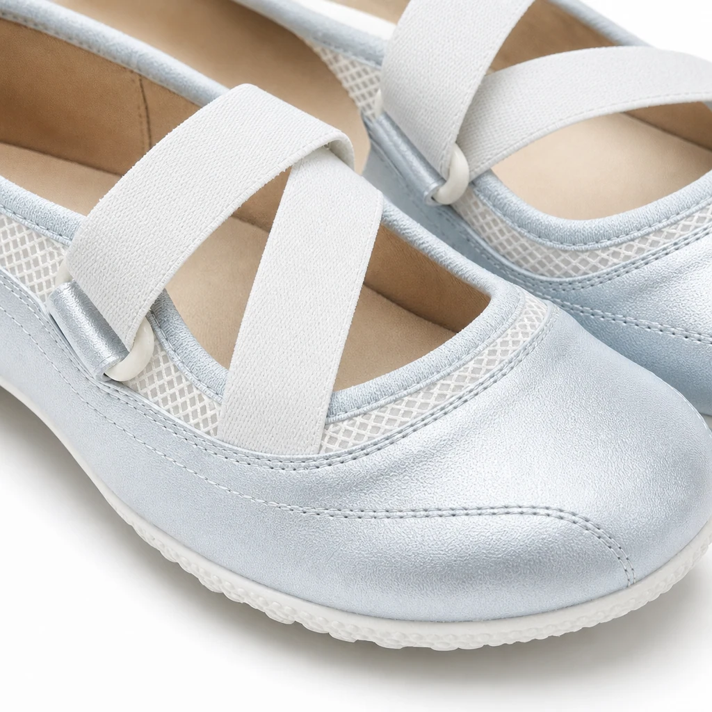 Close-up detail of Mary Jane shoe strap, toe, and material finish