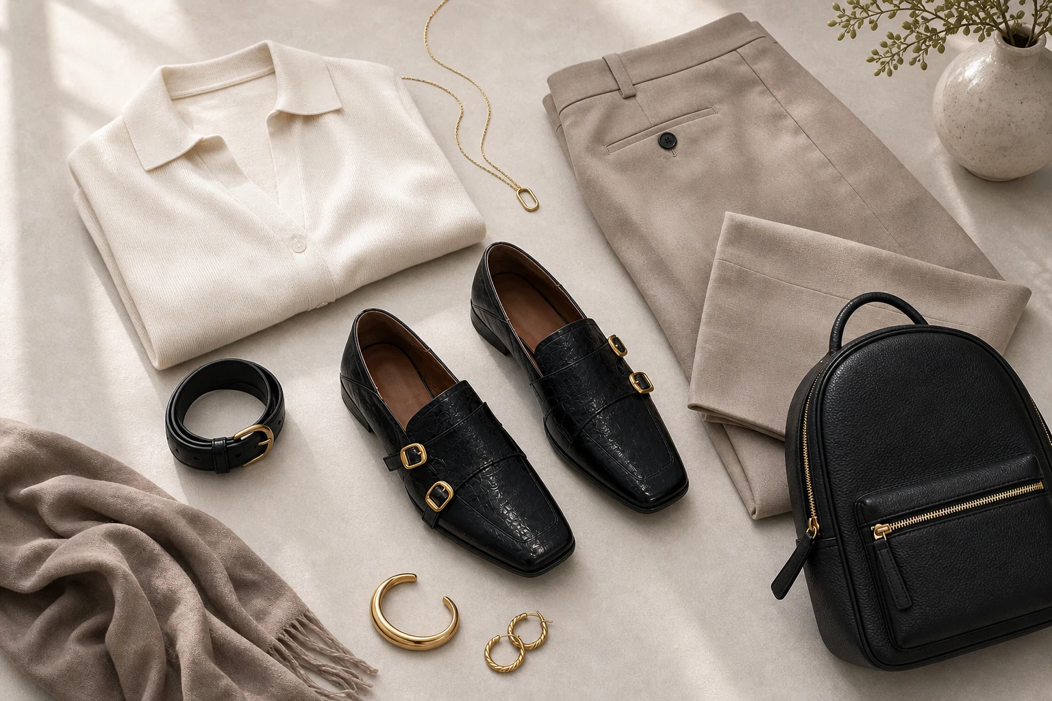 Double strap loafers styled in a product-in-context lifestyle scene