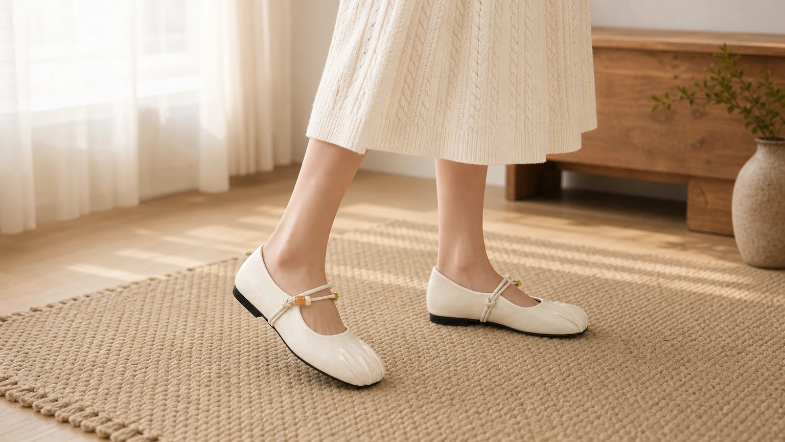 Simple casual flexible rubber sole flats styled in a horizontal everyday scene
