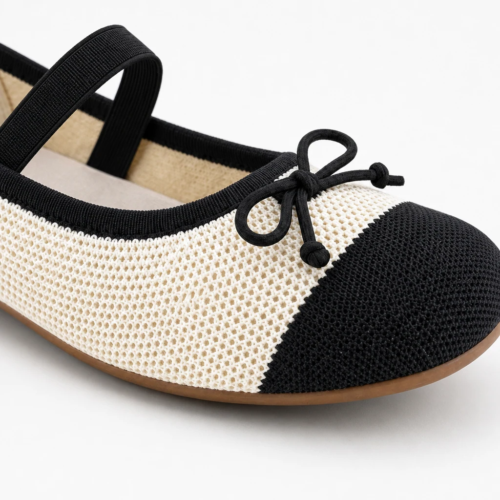 Close-up of bow, toe shape, and dress flat material detail