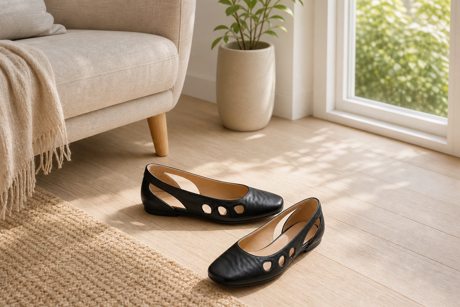 Lifestyle scene showing the full pair of black round toe Mary Jane shoes