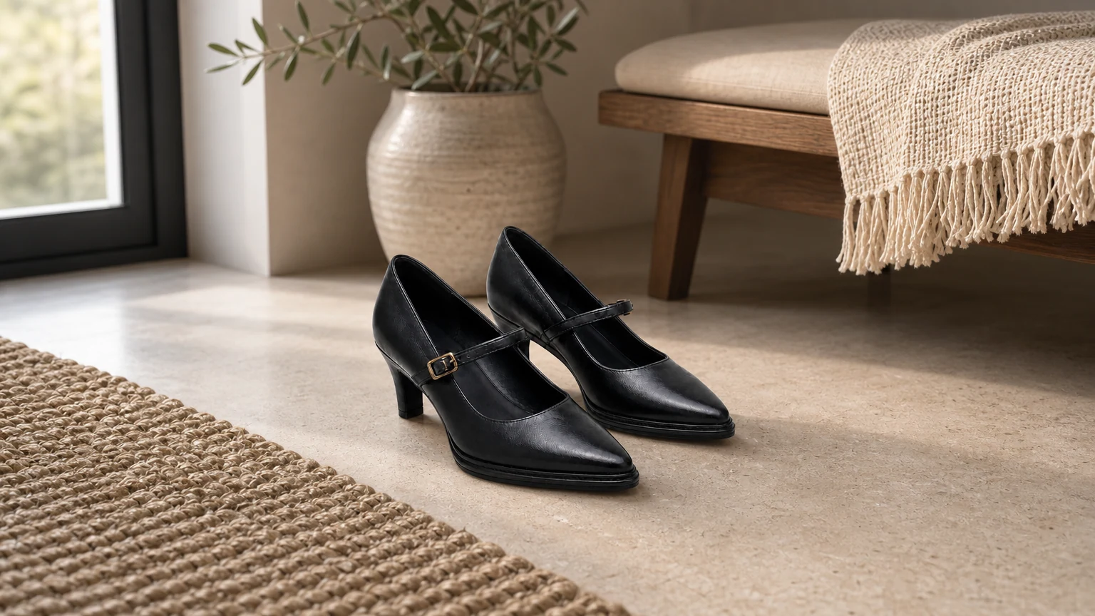 Black pointed toe strap low block heel shoes styled in a horizontal scene