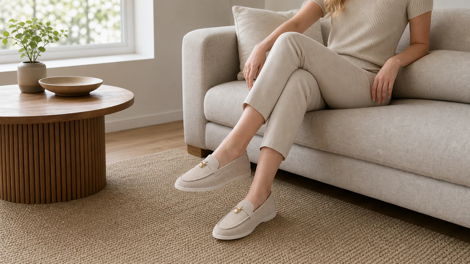 Apricot tassel loafers styled in a warm lifestyle setting