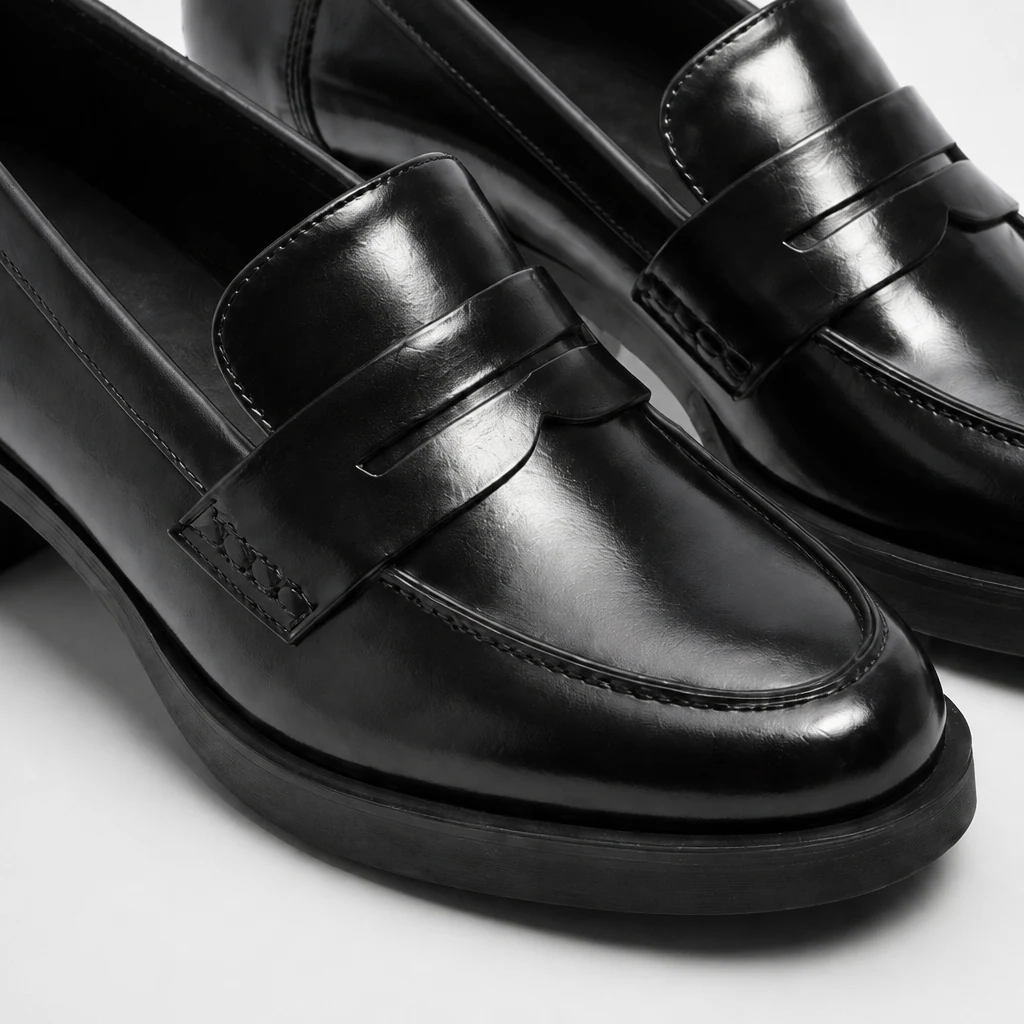 Close-up detail of glossy loafer finish, upper construction, and sole texture