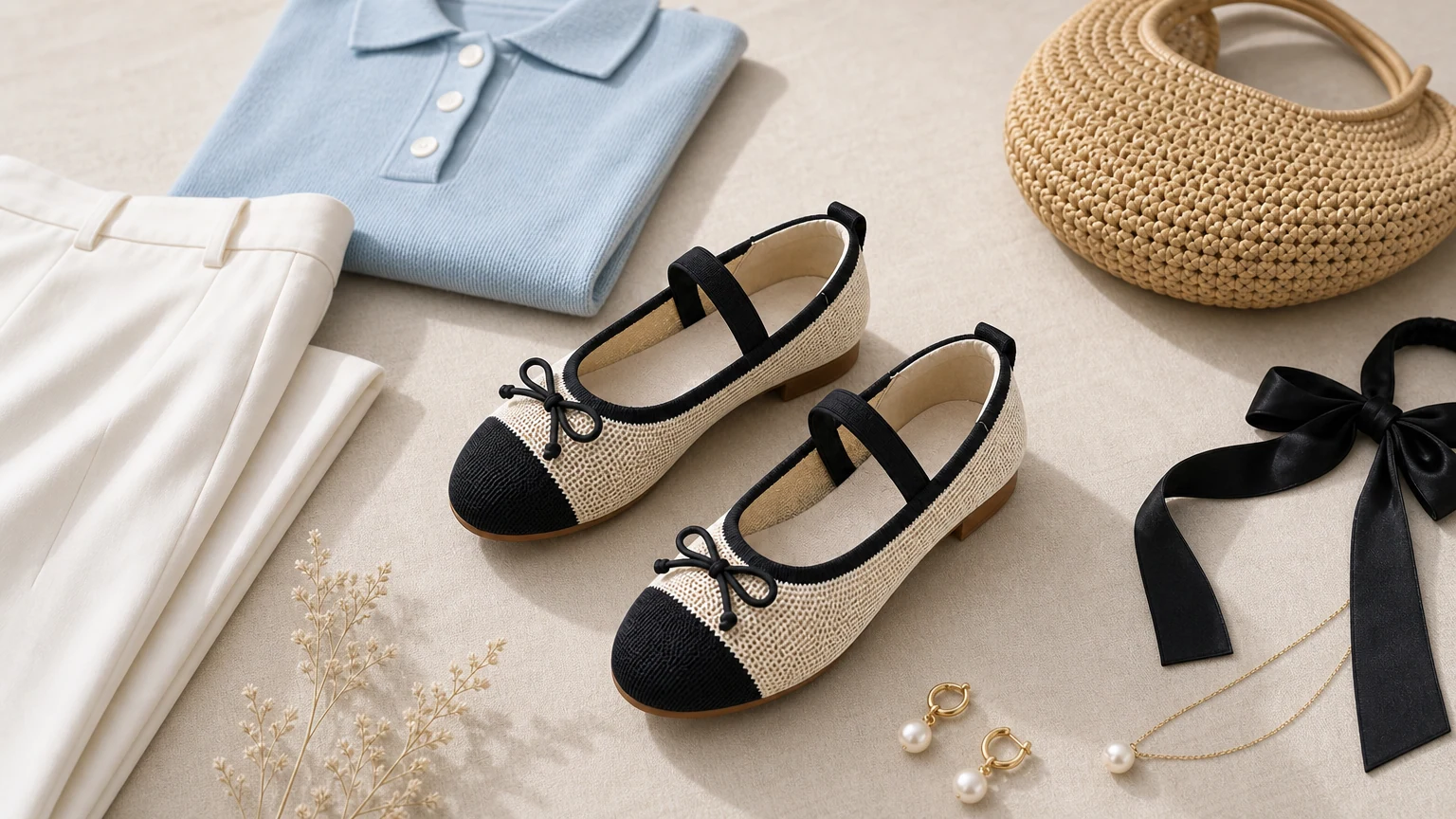 Classic round toe dress flats styled in a soft fashion scene
