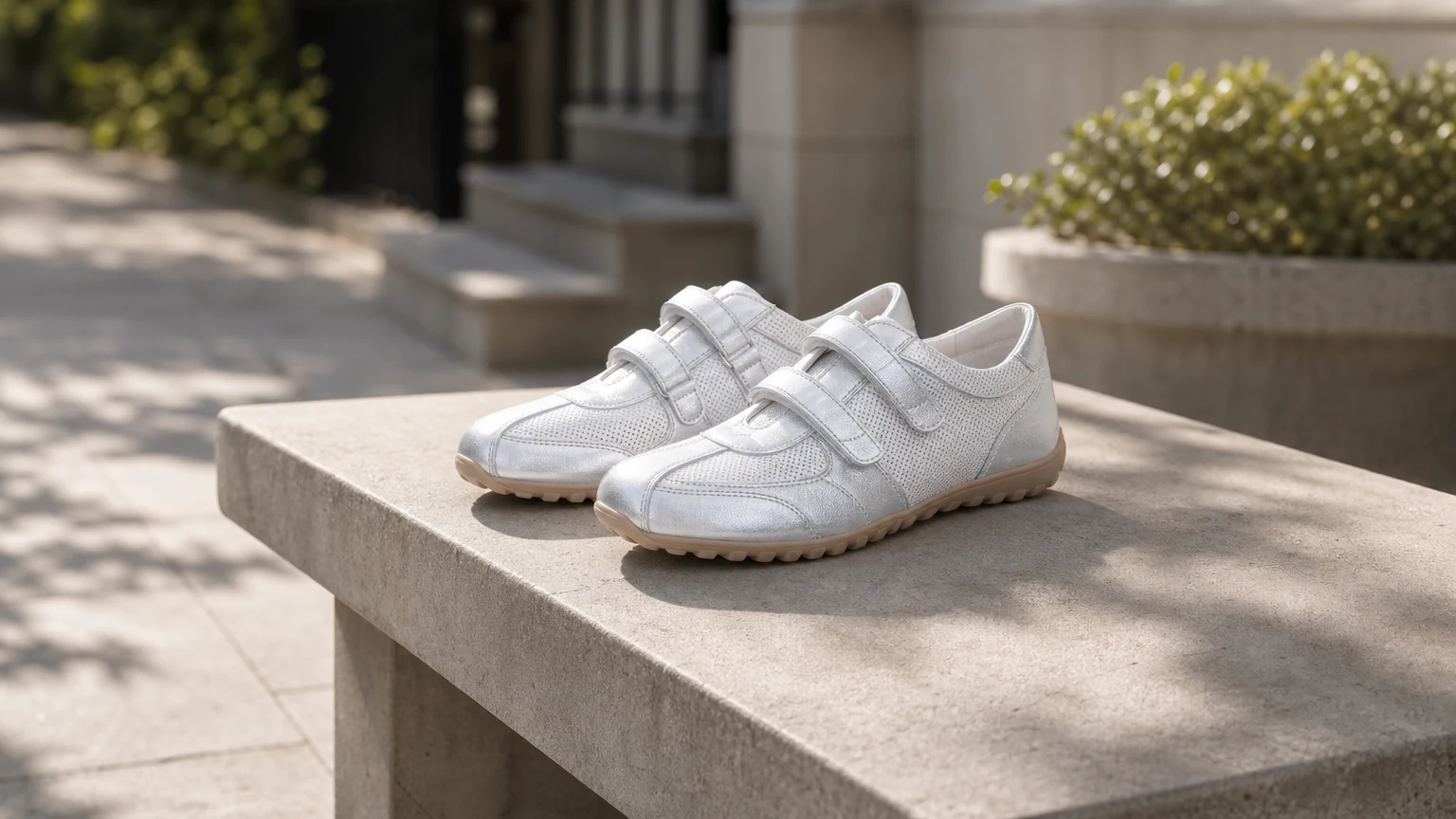 Round toe Velcro casual shoes worn in a lifestyle setting
