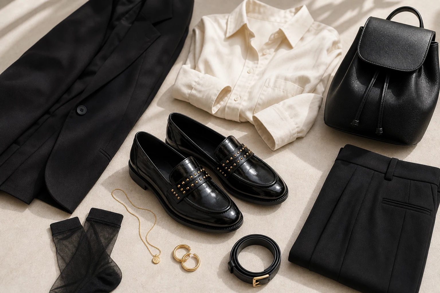 Lifestyle scene of the black loafers with product fully visible