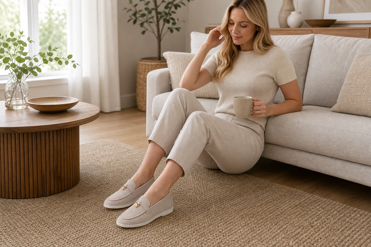 Apricot tassel loafers in a product-in-context lifestyle scene