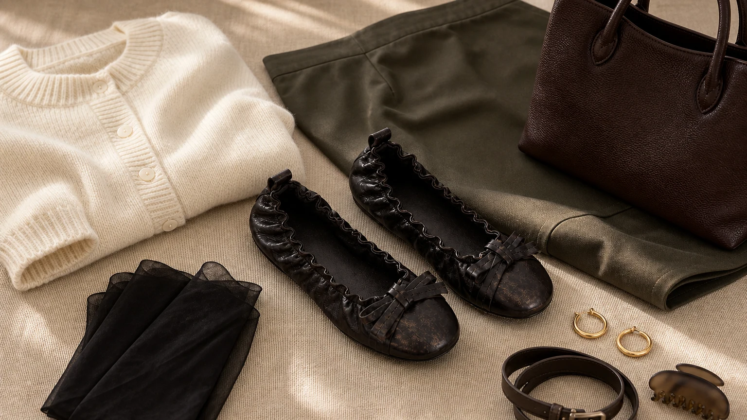Everyday comfortable black flat heel shoes styled in a clean lifestyle scene
