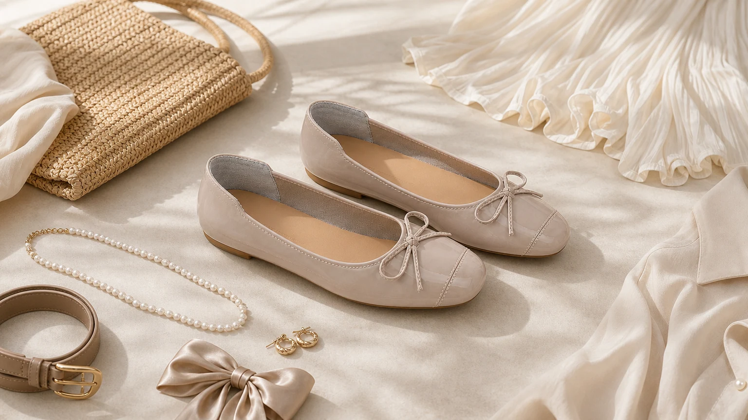 Round toe casual shallow flats styled in a soft lifestyle scene