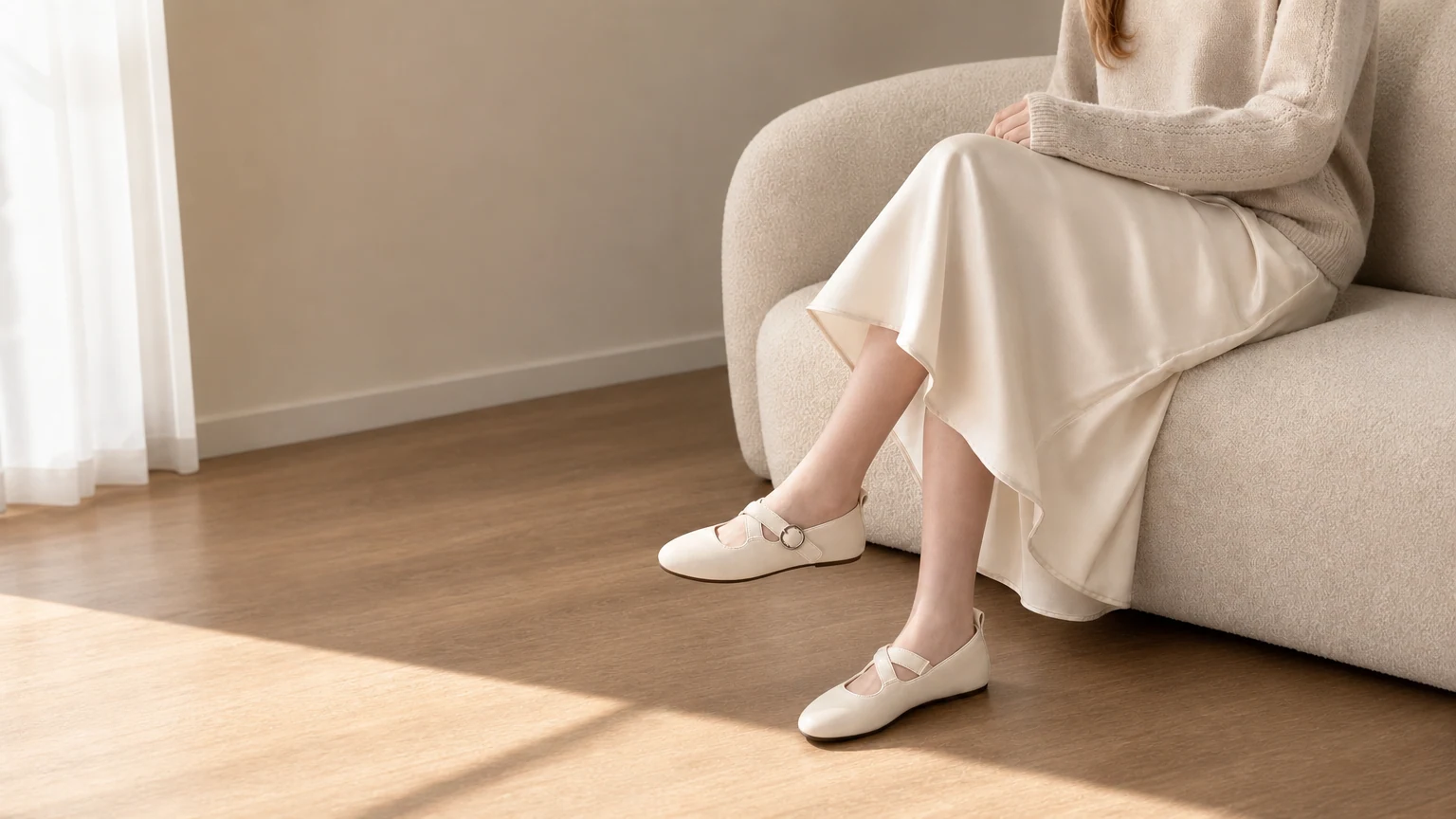 Round toe cross strap Mary Jane shoes styled in a soft lifestyle scene