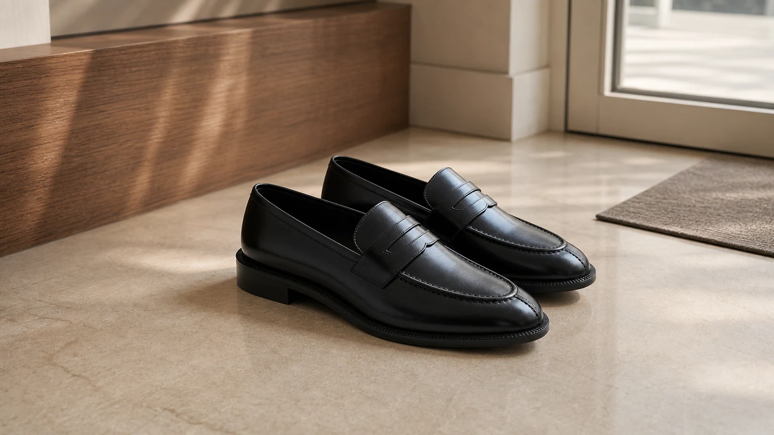 Black polished metal accent loafers styled in a horizontal lifestyle scene