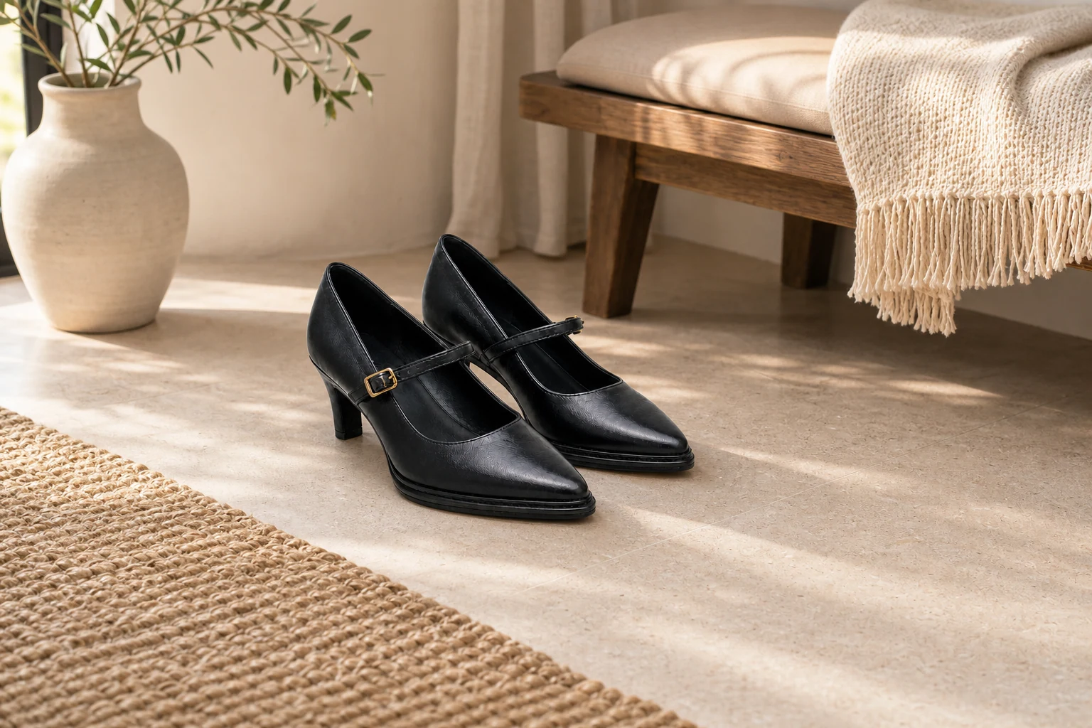 Lifestyle scene showing the full pair of black pointed toe low block heel strap shoes