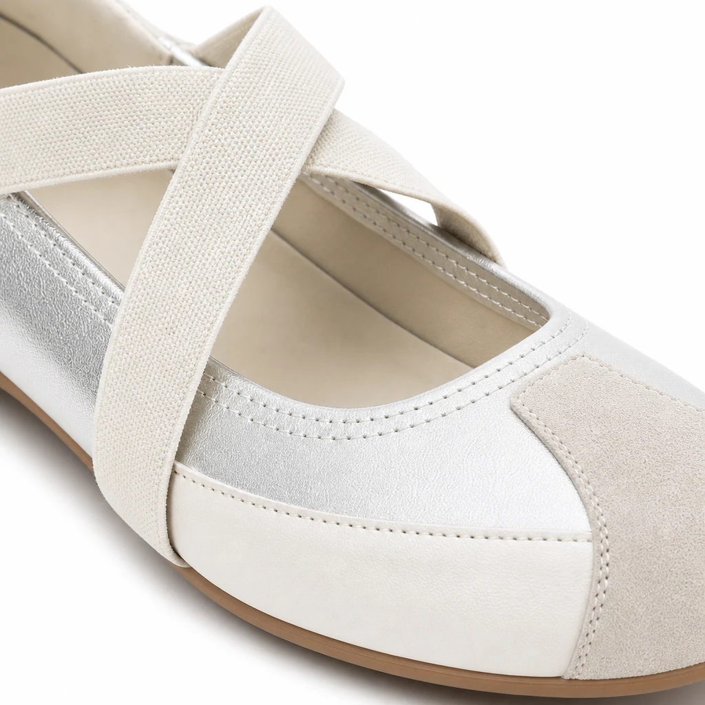 Close-up of colorblock Mary Jane shoe upper, strap, stitching, and finish