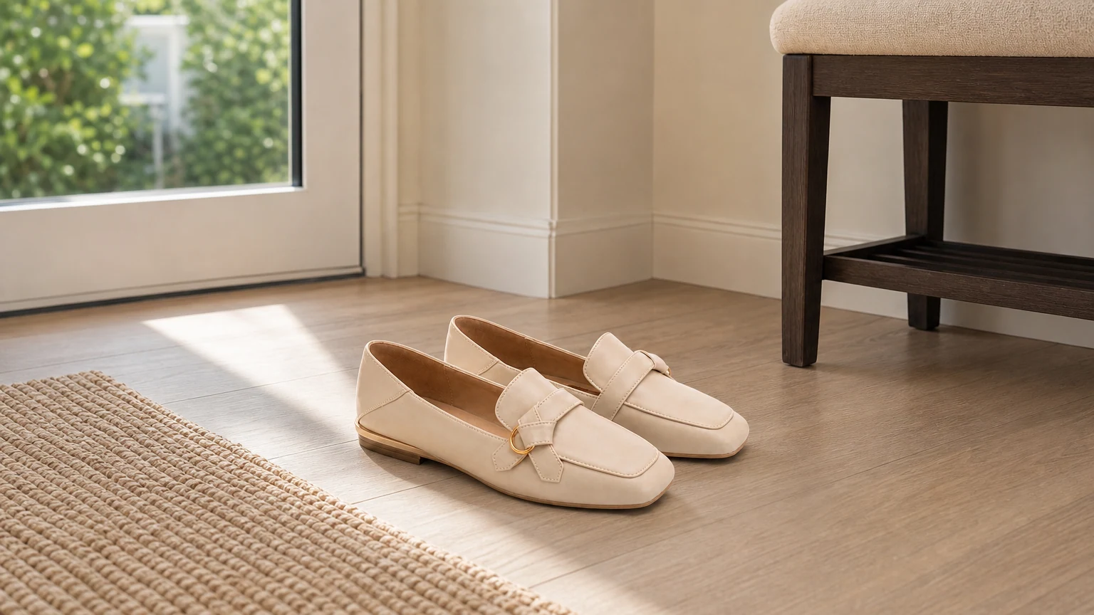Elegant low heel office loafers styled in a calm workwear scene