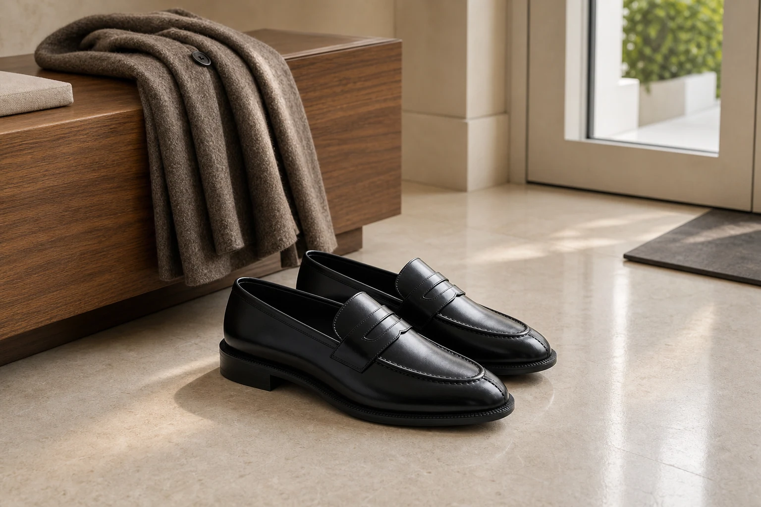 Lifestyle scene of black polished metal accent loafers