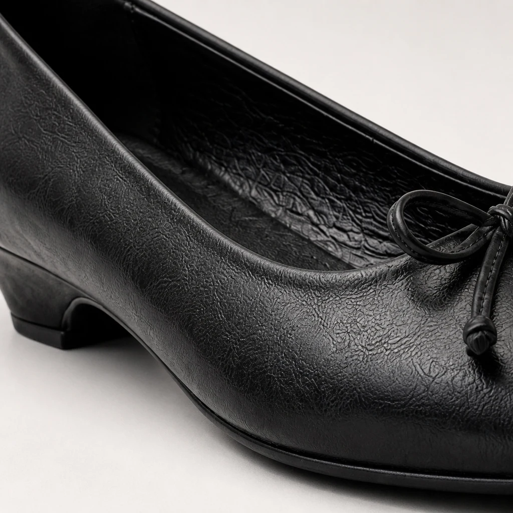 Close-up detail of the polished flat upper, bow accent, and low wedge construction