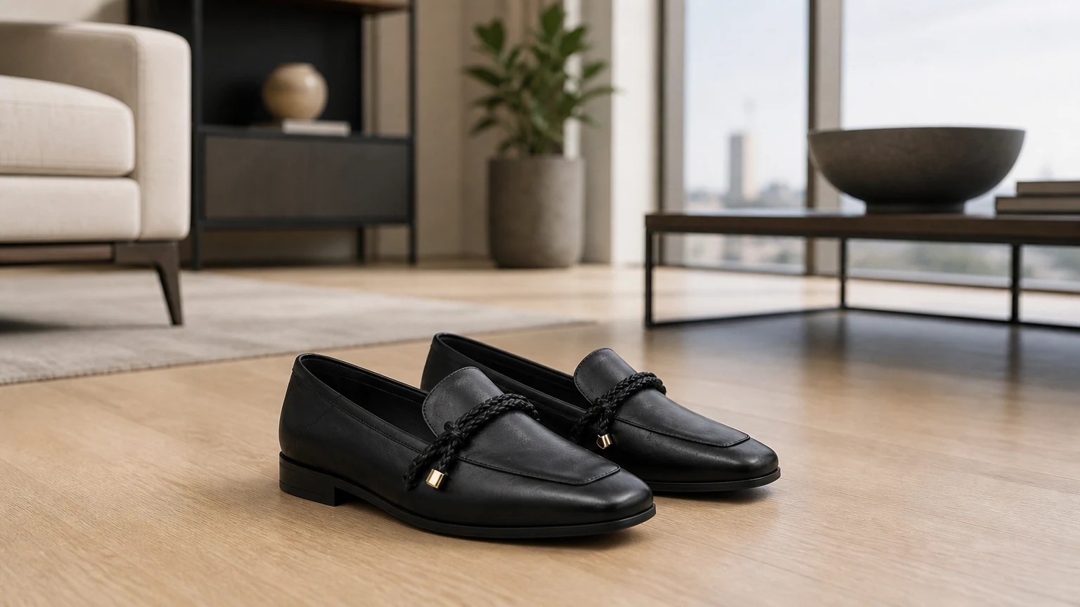 Structured black square toe comfort shoes styled in a lifestyle scene