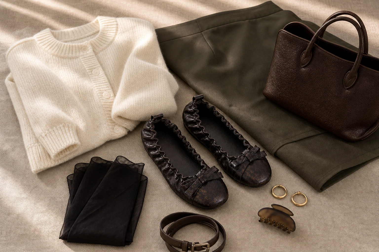 Black flat heel shoes shown in a lifestyle product scene