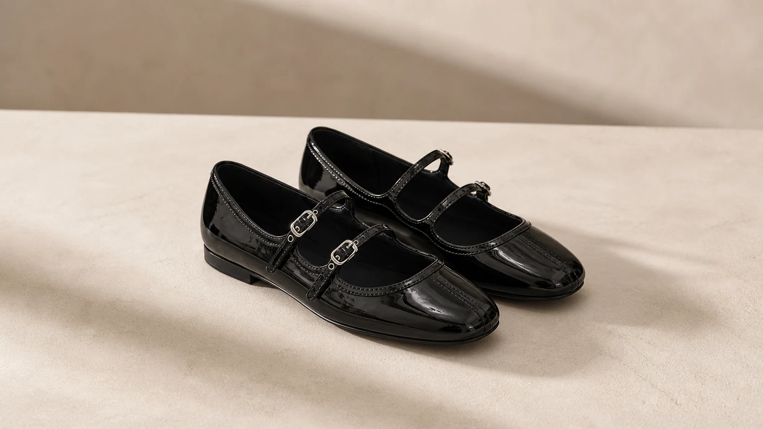 Chic square toe Mary Jane flats styled in a horizontal scene