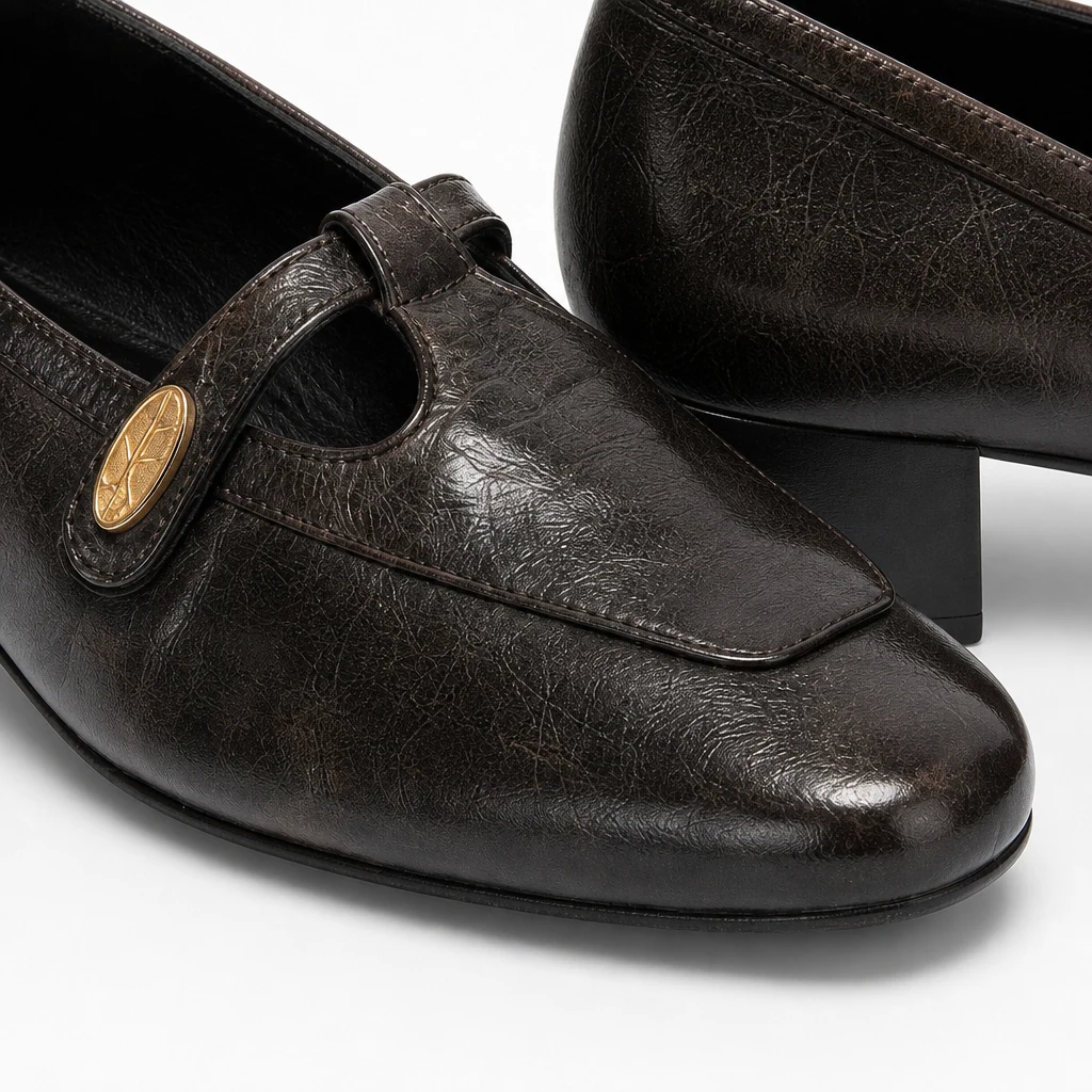 Close-up detail of the buckle strap, textured upper appearance, and pump construction