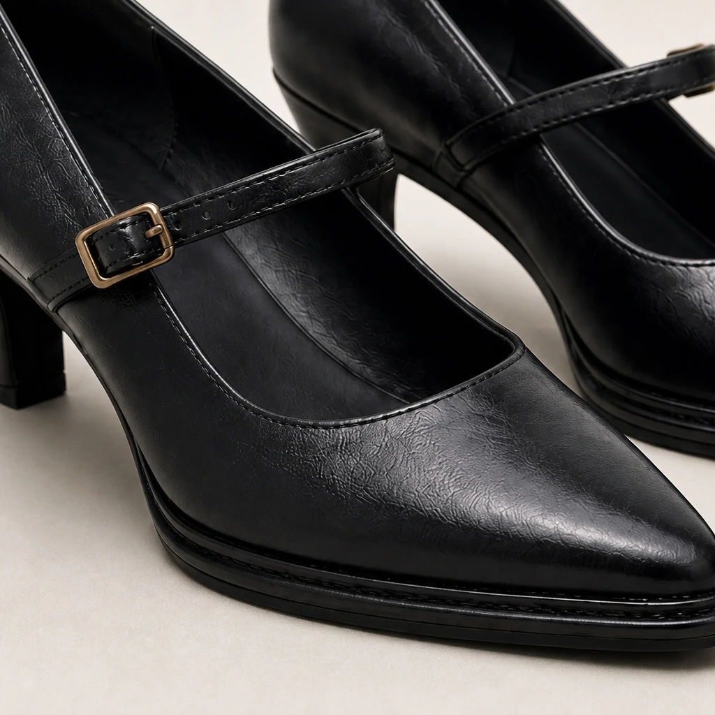 Close-up detail of black polished strap pointed toe low block heel shoe material and buckle